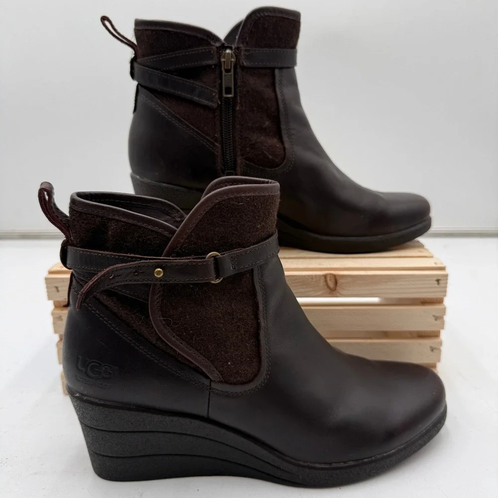 UGG Wedge Boots Emalie Waterproof Leather Wool Dark Brown Womens‎ 8